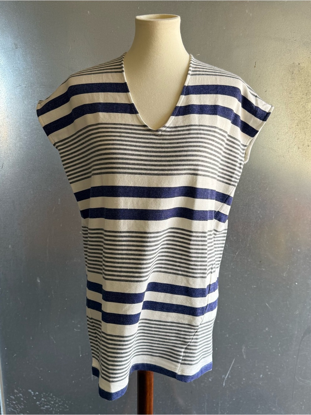 Anthropologie Striped V-Neck Knit Top - Navy & White